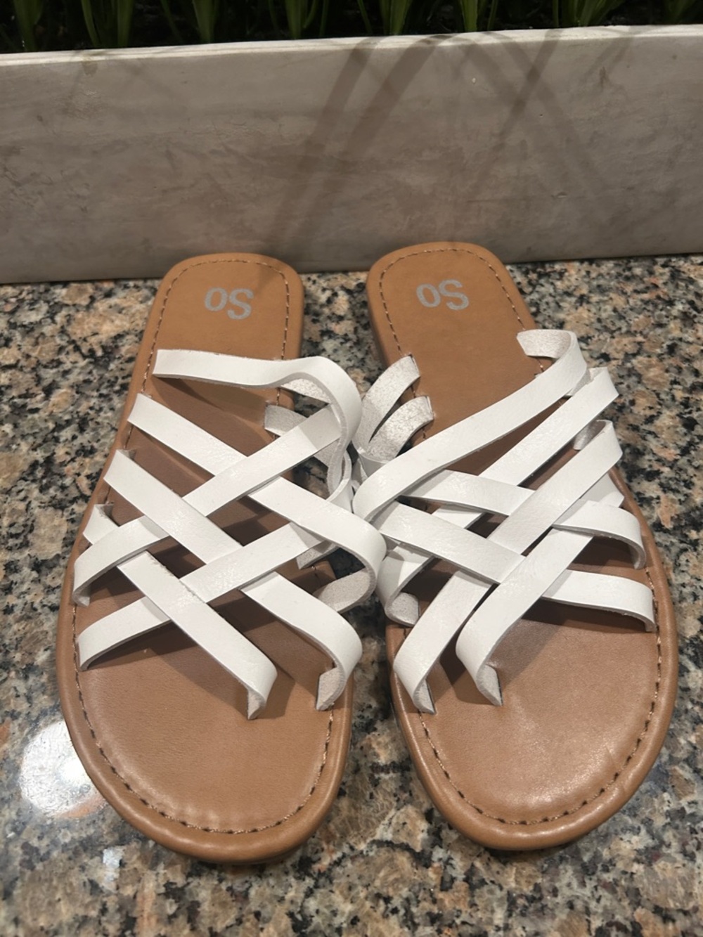 SO White Woven Slide Sandals for Women with Tan Footbed